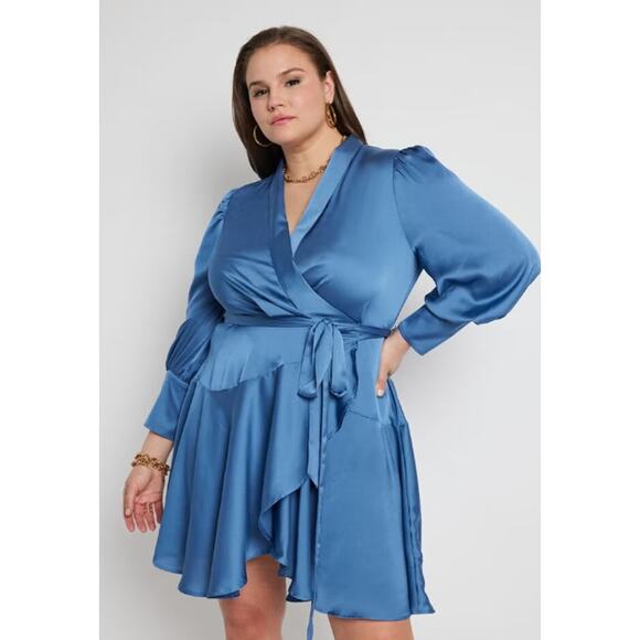 Eloquii Dress Plus 24 Mini Satin Wrap Puff Sleeve Ruffle Tie Waist Blue NWT - Picture 1 of 10